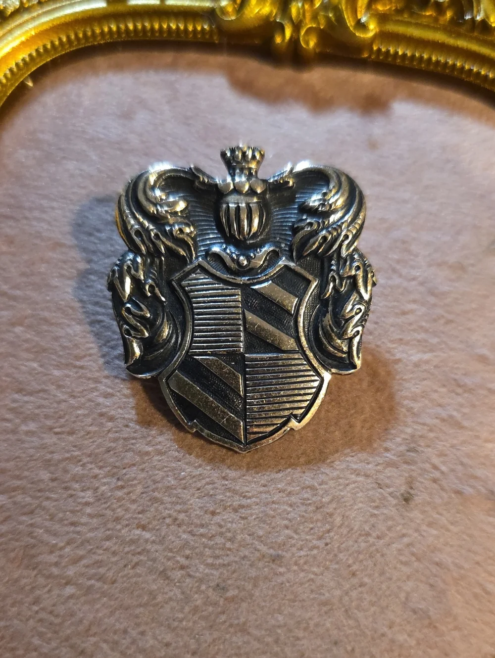 Vintage Bronze Tone Heraldic Coat of Arms Shield Brooch Pin